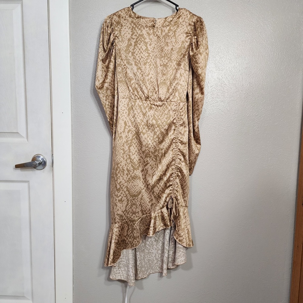Forever 21 Snake Print Ruched Satin Dress‎ Small Open Back Long Sleeve High Low